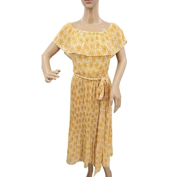 Michael Michael Kors Yellow Floral Midi Dress Sz XL Tie Waist Off Shoulder NEW - Picture 8 of 14